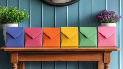 Colorful envelopes in a row on a wooden table