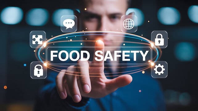 Man touching digital screen displaying food safety icons and text