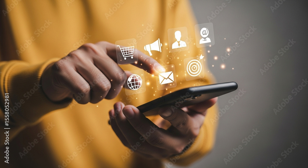 Poster Person using smartphone with digital marketing icons floating above the screen in a modern setting