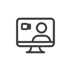 Video conference icon suitable for technology websites, communication platforms. Vibrant video call illustration on computer screen for presentations, social media.