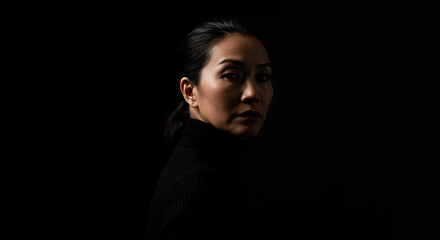 Obraz premium Portrait of a Woman in Low Light, Dramatic Lighting, Mysterious Gaze