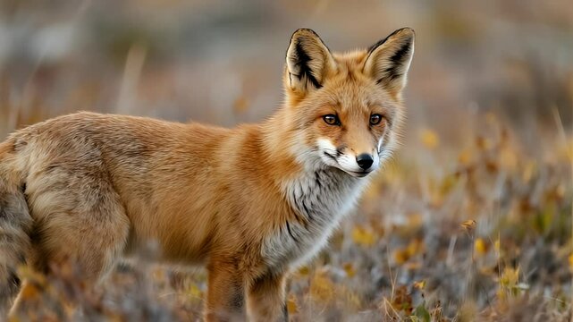 A red fox (Vulpes vulpes) standing alert in the autumn tundra along the Dempster Highway, Yukon Territory, Canada. 