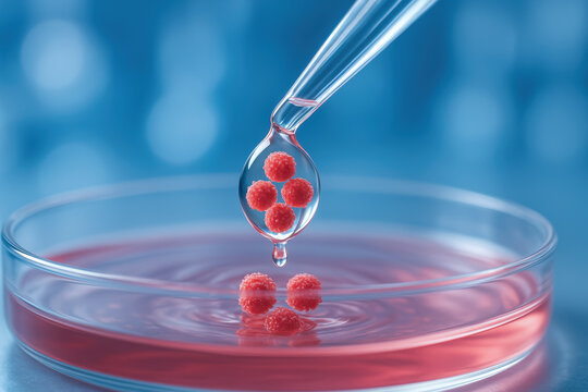 T cell research in cancer treatment shows red cells in liquid drop above petri dish with blue background creating hopeful medical scene