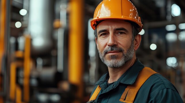 A man in an orange hard hat and safety vest standing in a factory setting. - Powered by Adobe