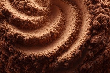 Cocoa powder, dark brown, textured surface, swirls, pile, heap