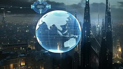 Futuristic cityscape at night with a glowing globe overlay, showcasing advanced technology and urban life - Powered by Adobe