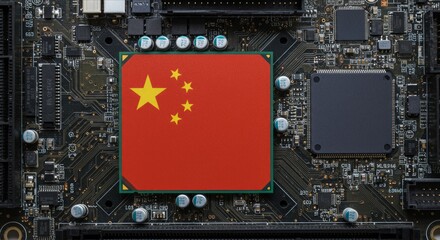 Fototapeta premium China Flag on CPU Chip, Symbol of Global Chip War and Semiconductor Technology Race, Semiconductor Industry and Tech Dominance.