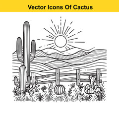 Cactus and Western Landscape &ndash; Black and White Desert Line Art Vector

