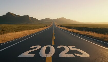 A long asphalt road with a yellow line and the year painted on it leading to distant mountains