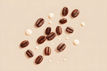 A close-up of roasted coffee beans and milk drops artfully arranged. A perfect image for coffee lovers!