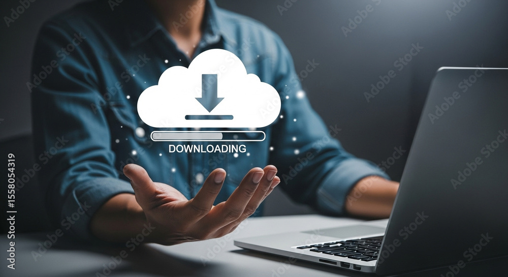 Poster Man with laptop and cloud downloading icon over hand representing data transfer process online service