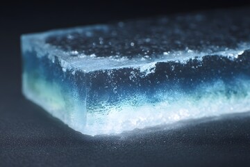 Ocean in a block of ice. The ice is clear and shows the ocean underneath. The colors are deep blue and green. The ice is textured and has a rough surface.