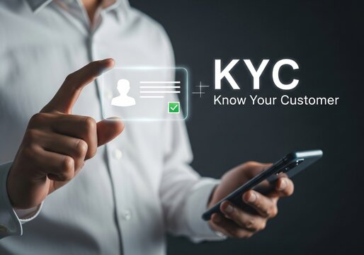 Know your customer concept. Person holding KYC card on virtual screen. Business verifying the identity of clients for KYC financial client authentication. Personal information for identification.