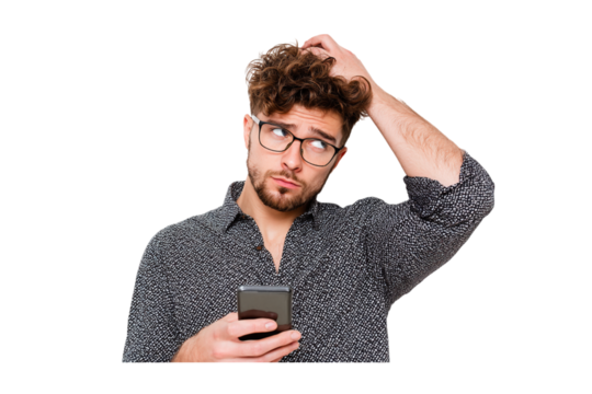 Pensive Young Man with Curly Hair, Wearing Glasses and a Black and White Dotted Shirt, Holding a Smartphone and Scratching His Head isolated on transparent background