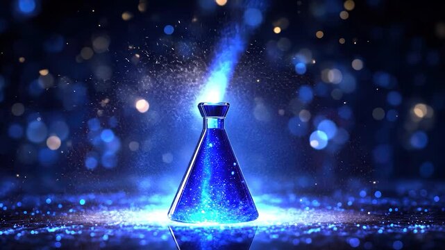 Mystical glowing blue potion in flask