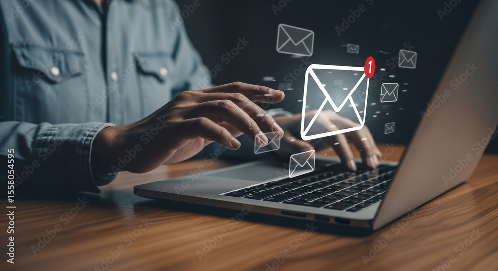 Poster person typing on laptop with email icons floating above keyboard on a wooden surface in dim lighting