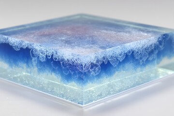 Abstract Blue Ocean Waves Encased in a Clear Block