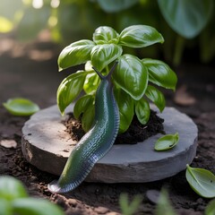 Fresh basil plant with garden slug on stone platform