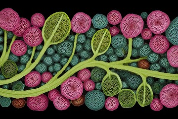 A vibrant, abstract depiction of colorful plant cells, showcasing intricate structures and forms