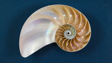 Obraz premium A captivating close-up of a nautilus shell showcasing its intricate spiral structure and iridescent inner layers on a dark blue background.