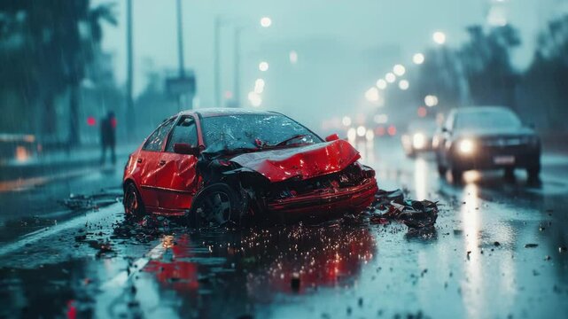 Red car accident wet city street night, damaged vehicle heavy rain, emergency situation with headlights reflecting, dramatic urban scene, intense atmosphere, debris scattered, emergency response
