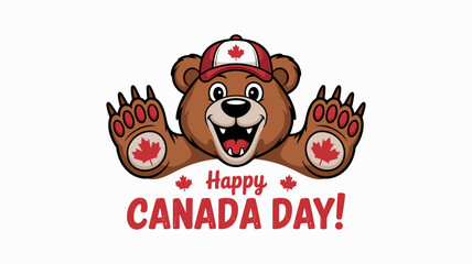 Happy Canada Day Text With Cartoon Bear Vector iIllustration with Maple Leaf and Paws.