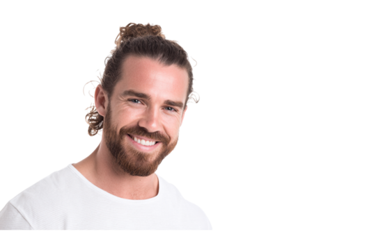 Portrait of a Smiling Man with Long Brown Hair Tied in a Top Knot, Wearing a White T-Shirt Against a isolated on transparent background