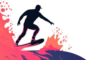 Surfer in Jeans Riding Stylized Waves on Surfboard Against a White Background