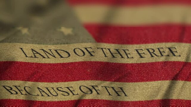 Vintage national flag of the United States of America waving in the wind with "Land of the free because of the brave" text animation. Concept of 4th of july, independence day, memorial, patriotic