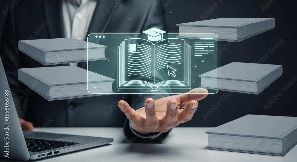 Poster a hand holding a digital open book with a graduation cap surrounded by floating books and a laptop