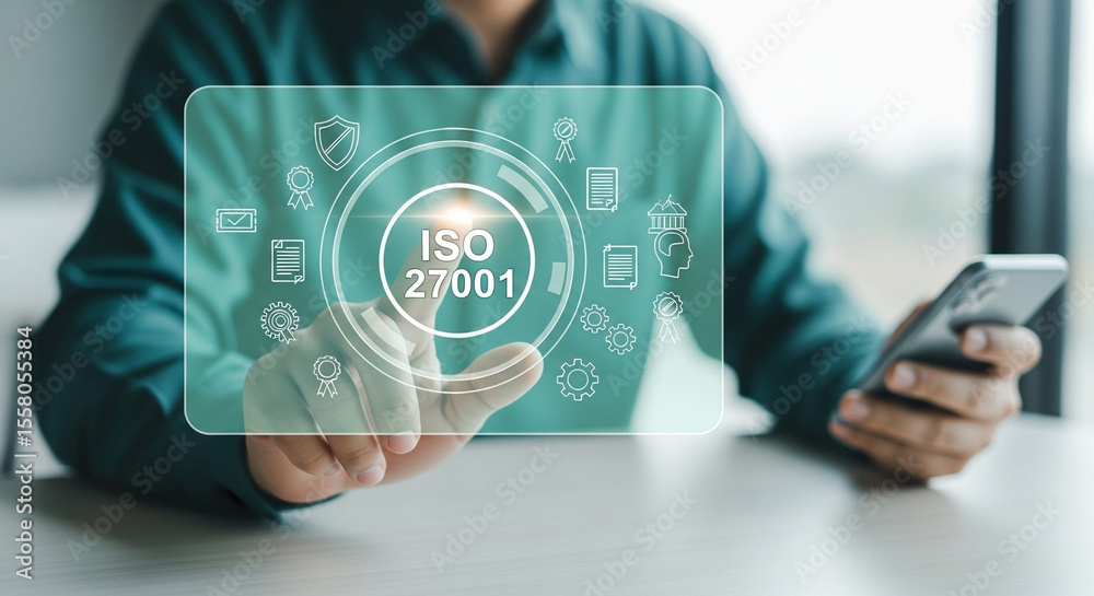 Poster Person interacting with iso interface on a transparent screen while holding a smartphone device