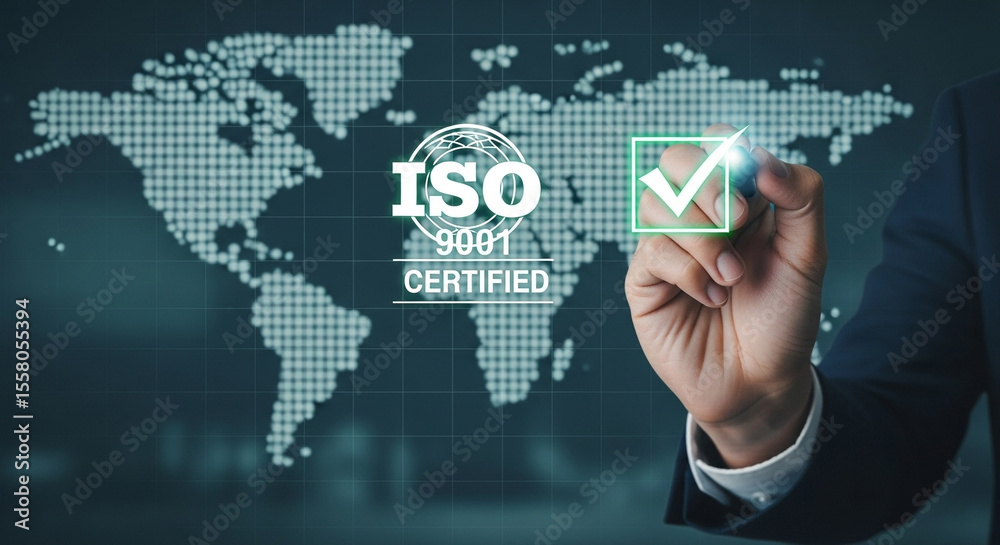 Poster iso certified concept with world map and hand marking check box for quality assurance standard