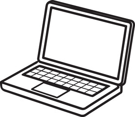 Simple black and white line art illustration of an open laptop computer silhouette isolated on white background