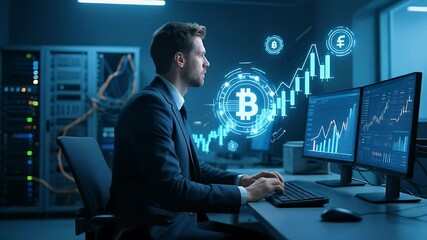 A professional businessman in a suit typing on a keyboard in a modern office setting. Floating around him are futuristic holographic-style financial graphs, blockchain data streams - Powered by Adobe