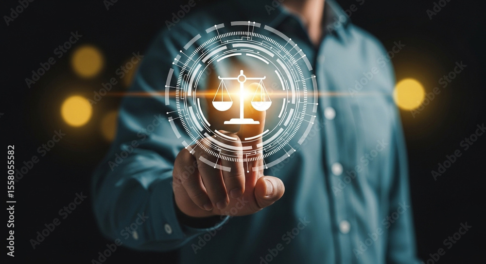 Aufkleber Man touching digital scales of justice interface on screen in a dark setting with bokeh lights