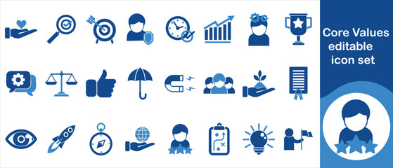 Core values ​​editable icon set., business, line, trust, empathy, responsibility, emotion, set, leadership, outline, icon, concept, transparency, integrity, symbol, teamwork and more.