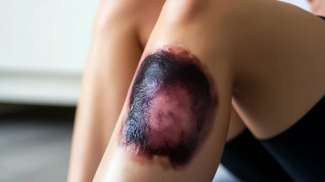Large bruise injured knee swollen painful skin discoloration close up human leg medical trauma health accident recovery wound purple red black inflammation adult hurt, severe injury with dark purple