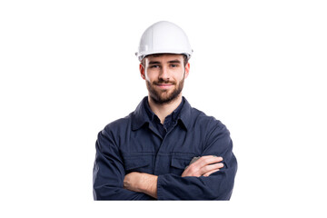 Portrait of a smiling young construction worker or engineer, wearing a white hard hat and a dark blue work uniform, arms crossed isolated on transparent background