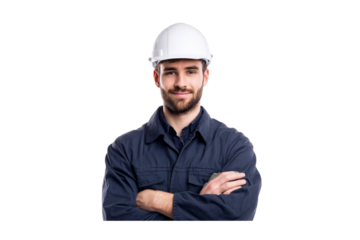 Portrait of a smiling young construction worker or engineer, wearing a white hard hat and a dark blue work uniform, arms crossed isolated on transparent background