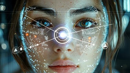 Futuristic facial recognition technology overlay on a young woman's face.  Interactive digital interface with biometric data - Powered by Adobe