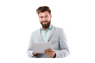 Portrait of a smiling man with a beard, wearing a light grey blazer and a light blue shirt, holding a tablet computer. He looks directly at the camera isolated on transparent background