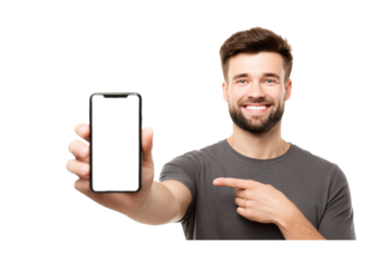 Happy young man with beard showing smartphone with blank screen, . He is pointing at the phone with his other hand.  isolated on transparent background
