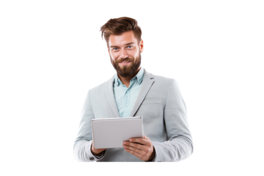 Portrait of a smiling man with a beard, wearing a light grey blazer and a light blue shirt, holding a tablet computer. He looks directly at the camera isolated on transparent background