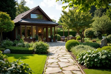 A beautiful wooden structure with landscaping and a paved pathway.