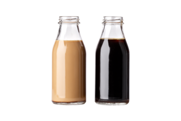 Two Glass Bottles Filled with Light Brown and Dark Brown Liquids, Studio Shot isolated on transparent background