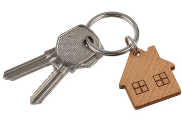Close-up of Two Silver Keys on a Keyring with a Wooden House-Shaped Charm isolated on transparent background