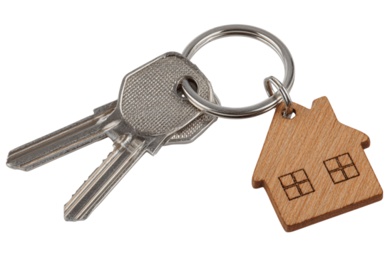 Close-up of Two Silver Keys on a Keyring with a Wooden House-Shaped Charm isolated on transparent background