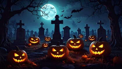 Spooky Halloween Night with Pumpkins, Bats and Dark Tree Shadows - Illustration