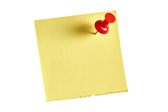 Yellow Sticky Note with Red Push Pin, Blank Space for Text or Message, Ready for Your Ideas and Reminders isolated on transparent background