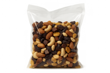 Transparent studio bag filled with colorful trail mix containing mixed nuts, dark chocolate pieces, and vibrant dried fruit medley
